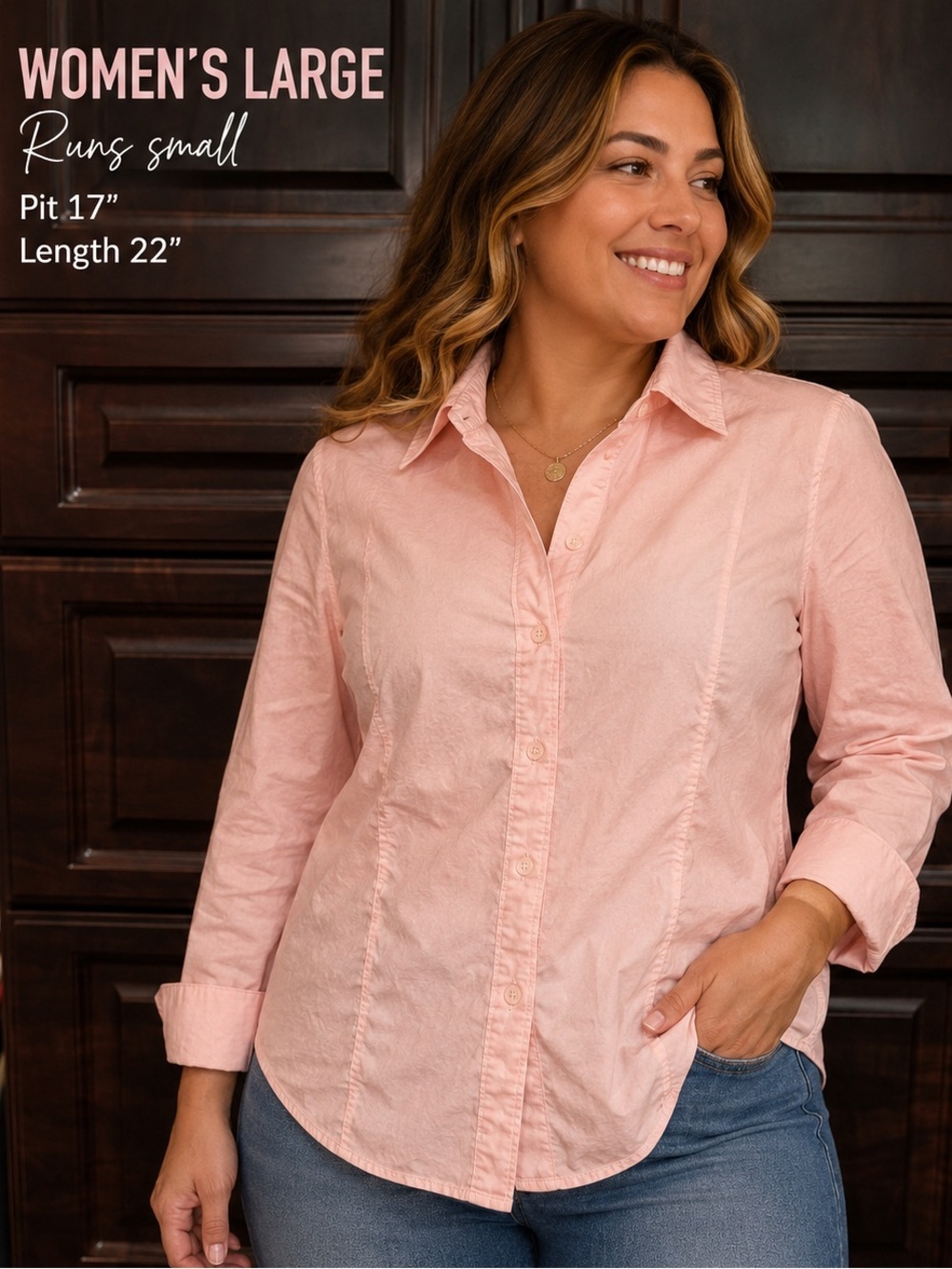 New York & Company PINK Button-Down Shirt LARGE Runs small
Pit 17”
Length 22”